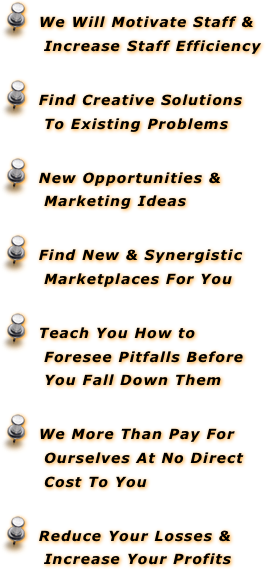   We Will Motivate Staff & Increase Staff Efficiency 
  Find Creative Solutions To Existing Problems
  New Opportunities & Marketing Ideas
  Find New & Synergistic Marketplaces For You
  Teach You How to Foresee Pitfalls Before You Fall Down Them  
  We More Than Pay For Ourselves At No Direct Cost To You
  Reduce Your Losses & Increase Your Profits